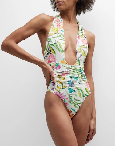 floral ruched one piece swimsuit plunge
